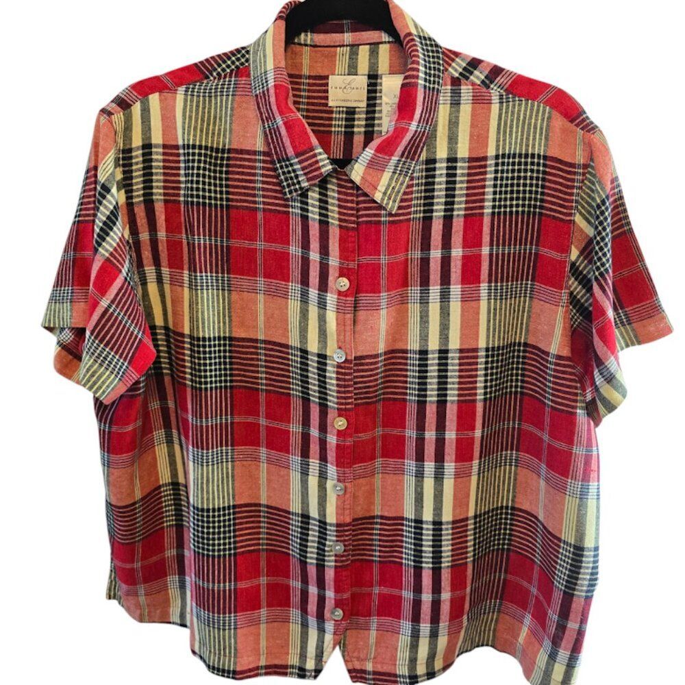 EMMA JAMES VINTAGE LINEN BLEND TOP BUTTON UP SIZE XL SIDE SLIT PLAID